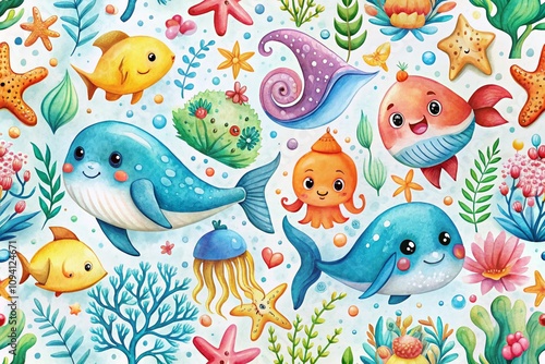 Whimsical Watercolor Sea Creatures: A Charming Collection of Cute Marine Life for Children's Decor and Educational Materials in Playful Ocean-Inspired Patterns