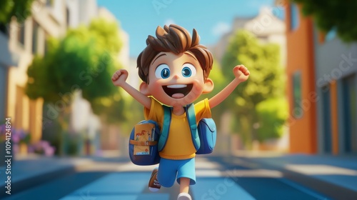 Happy Boy Going to School in a Colorful 3D Illustration