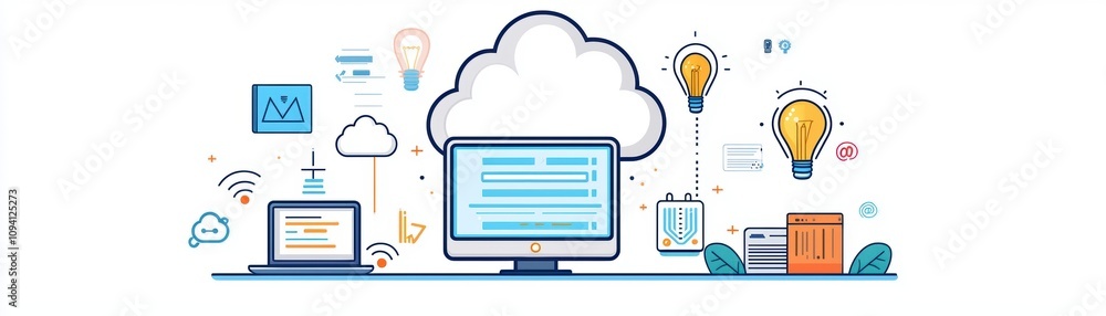 A modern digital illustration featuring cloud computing, laptops, and lightbulbs, symbolizing innovation, technology, and data management. A modern digital illustration featuring cloud computing, laptops, and lightbulbs, symbolizing innovation, technology, and data management.