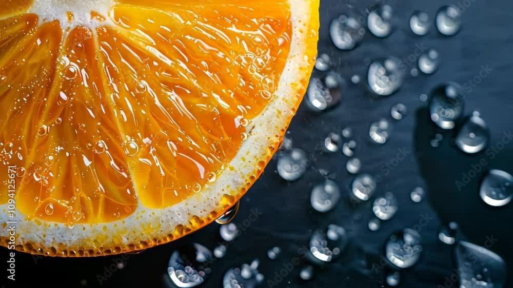 A macro shot captures the vibrant texture and water drops on a fresh orange slice against a dark background. Hyper-realistic. A macro shot captures the vibrant texture and water drops on a fresh orange slice against a dark background. Hyper-realistic.