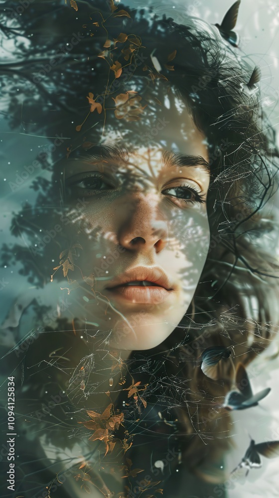 Dreamy Portrait of a Woman with Nature Reflection Dreamy Portrait of a Woman with Nature Reflection