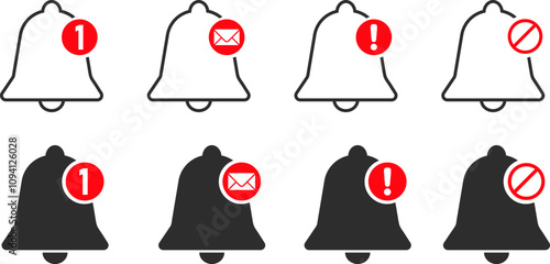 notification ringing bell and notification number sign icon set. notification bell sign. number sign with bell icon. Symbol of number sign..

