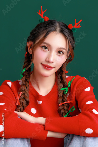 Foto Young Beauty Asian happy woman wearing cozy red sweater dress and a reindeer antler hair clip gesture on green isolated background