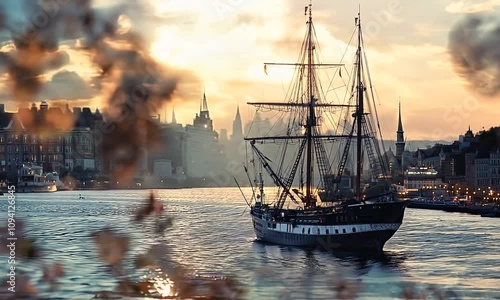 Wallpaper Mural Historic Sailing Ship in Calm Harbor Waters at Sunset with Village in Background : Generative AI Torontodigital.ca