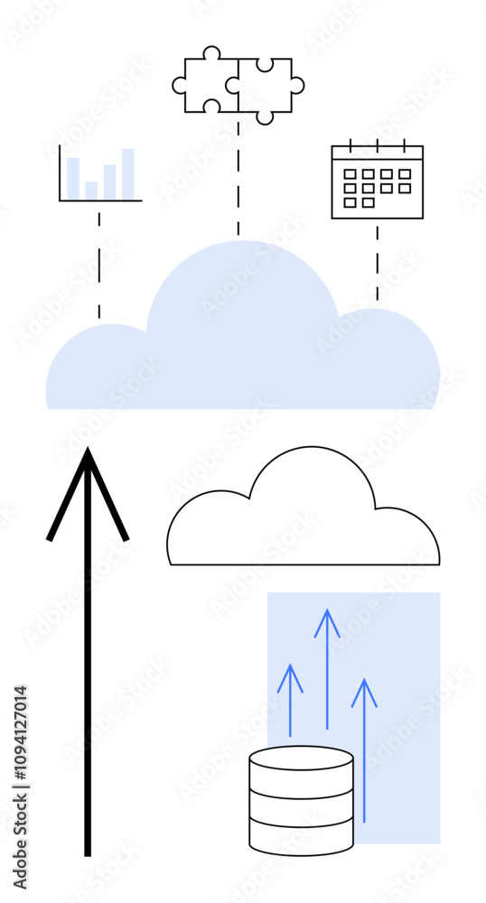 Cloud, bar chart, puzzle pieces, calendar, arrow, database with upward arrows. Ideal for cloud services, data integration analytics planning growth storage solutions digital transformation. Line Cloud, bar chart, puzzle pieces, calendar, arrow, database with upward arrows. Ideal for cloud services, data integration analytics planning growth storage solutions digital transformation. Line