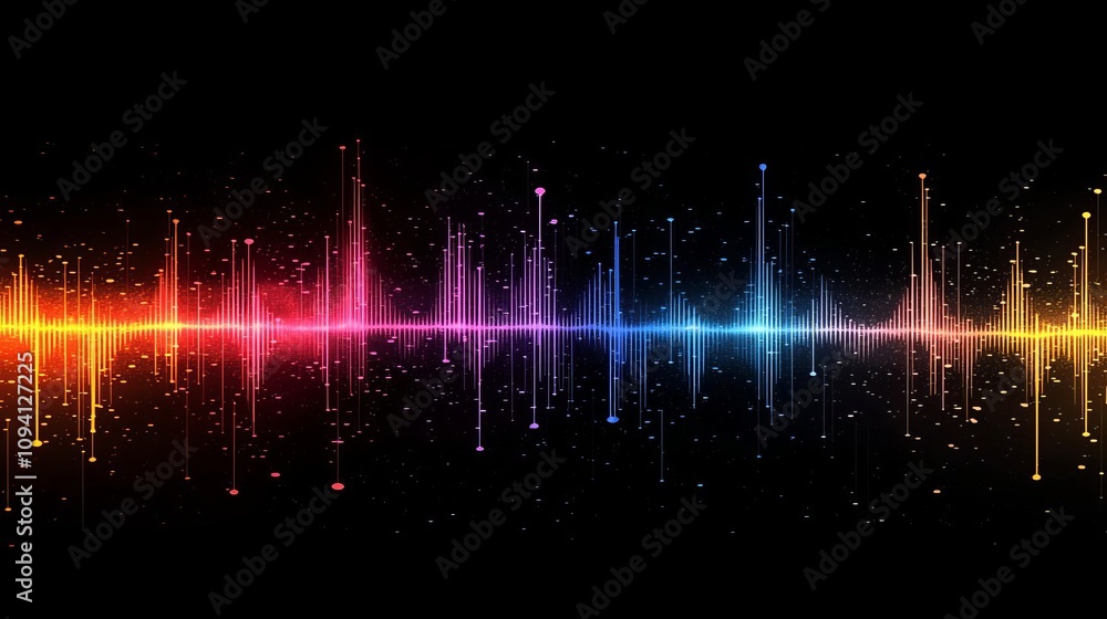 voice speech frequency concept. A vibrant audio waveform visualization featuring colorful peaks against a dark background, representing sound intensity and frequency. voice speech frequency concept. A vibrant audio waveform visualization featuring colorful peaks against a dark background, representing sound intensity and frequency.