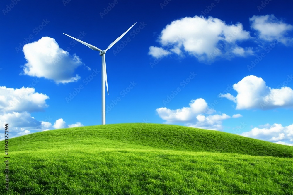 Fototapeta premium Breathtaking View of a Wind Turbine on a Rolling Green Hill Under a Bright Blue Sky with Fluffy White Clouds for Sustainable Energy Solutions