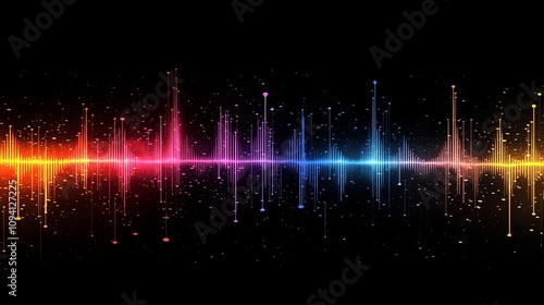 voice speech frequency concept. A vibrant audio waveform visualization featuring colorful peaks against a dark background, representing sound intensity and frequency.