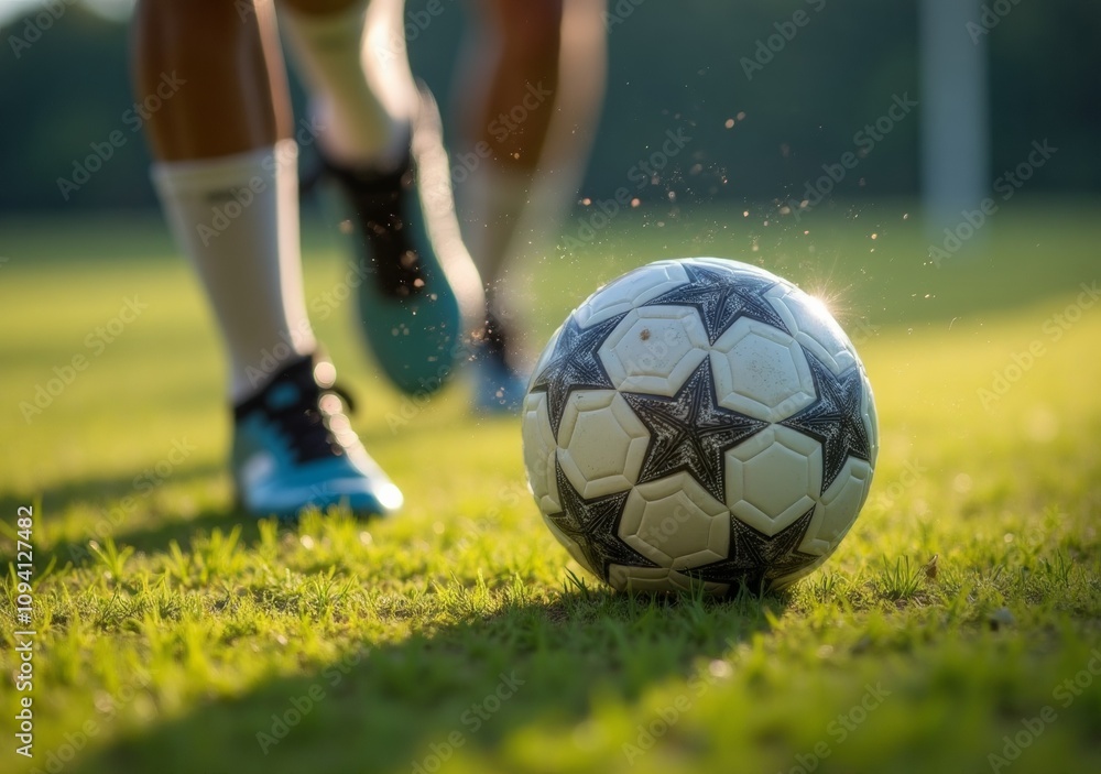Soccer player approaching a ball on a sunlit grass field during an afternoon practice session Soccer player approaching a ball on a sunlit grass field during an afternoon practice session