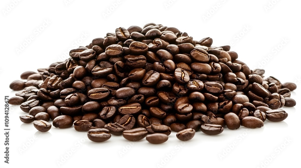Obraz premium A pile of freshly roasted coffee beans on a white backdrop.