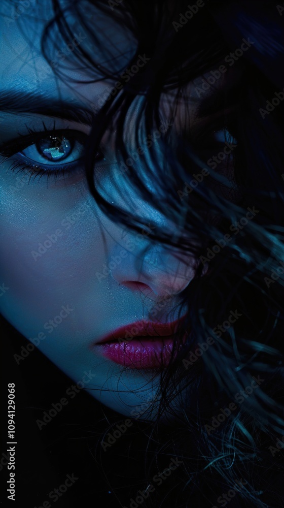Intense Gaze: A Close-Up Portrait of a Woman with Dramatic Makeup and Lighting Intense Gaze: A Close-Up Portrait of a Woman with Dramatic Makeup and Lighting