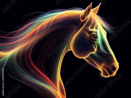 Digital artwork of a horse head crafted from vibrant luminous lines on a black background photo