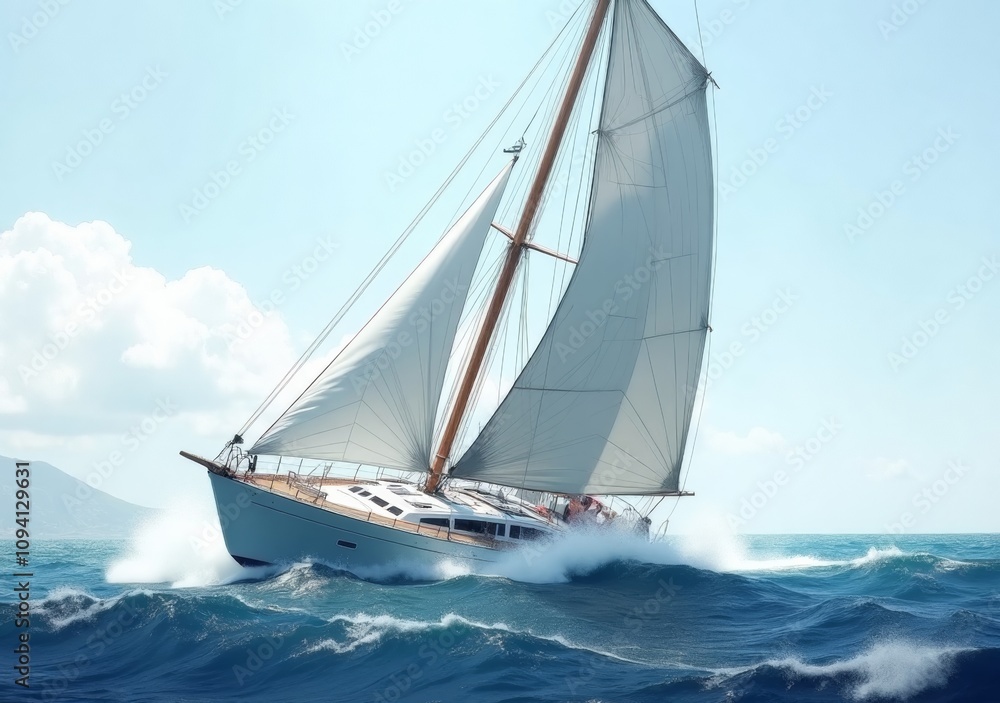 Fototapeta premium Sailing on calm waters with a beautiful yacht during a sunny day in a coastal setting
