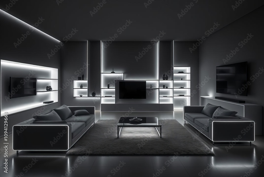 A minimalist living room where all furniture and architectural f A minimalist living room where all furniture and architectural f