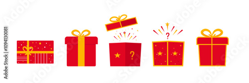 Gift box icon. Gifts and presents for holiday celebration and special sales offer. Red and yellow gift box icons with decorations and question marks. Open and closed white gift box. flat illustration
