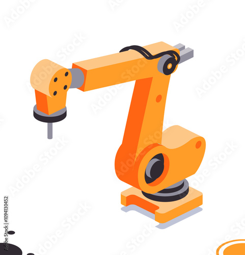 Isometric robotic arm picking up a small object. Object isolated on white background. Smart industry icon. Industrial robotic arm.