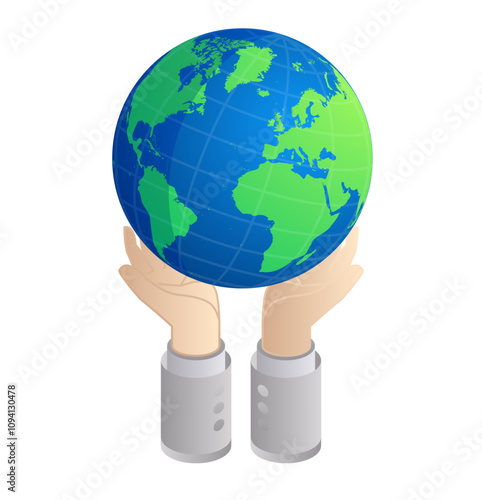 Isometric Businessman Hands Keeping Globe. Environmental Conservation Concept Isolated on White. Illustration. Global Business.