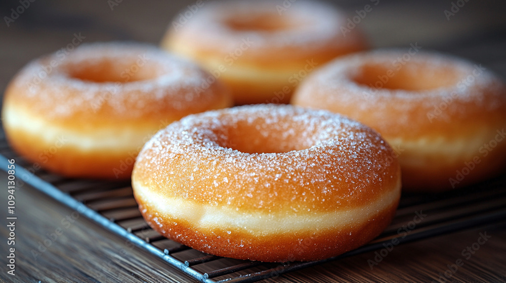 Freshly baked golden doughnuts with a sugary coating cool on a metal rack, capturing the warmth and comfort of home baking, symbolizing sweetness, indulgence, and the simple pleasures of life Freshly baked golden doughnuts with a sugary coating cool on a metal rack, capturing the warmth and comfort of home baking, symbolizing sweetness, indulgence, and the simple pleasures of life