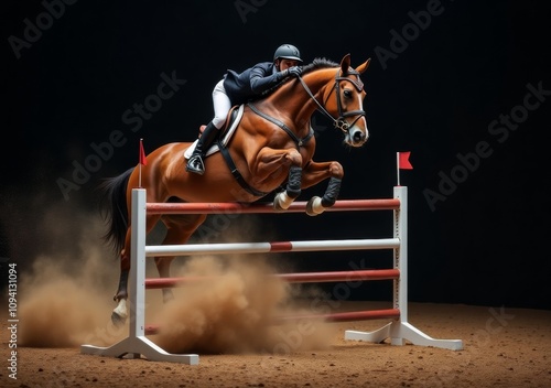 Equestrian athlete jumping over a high barrier in an indoor riding arena during a show jumping competition photo