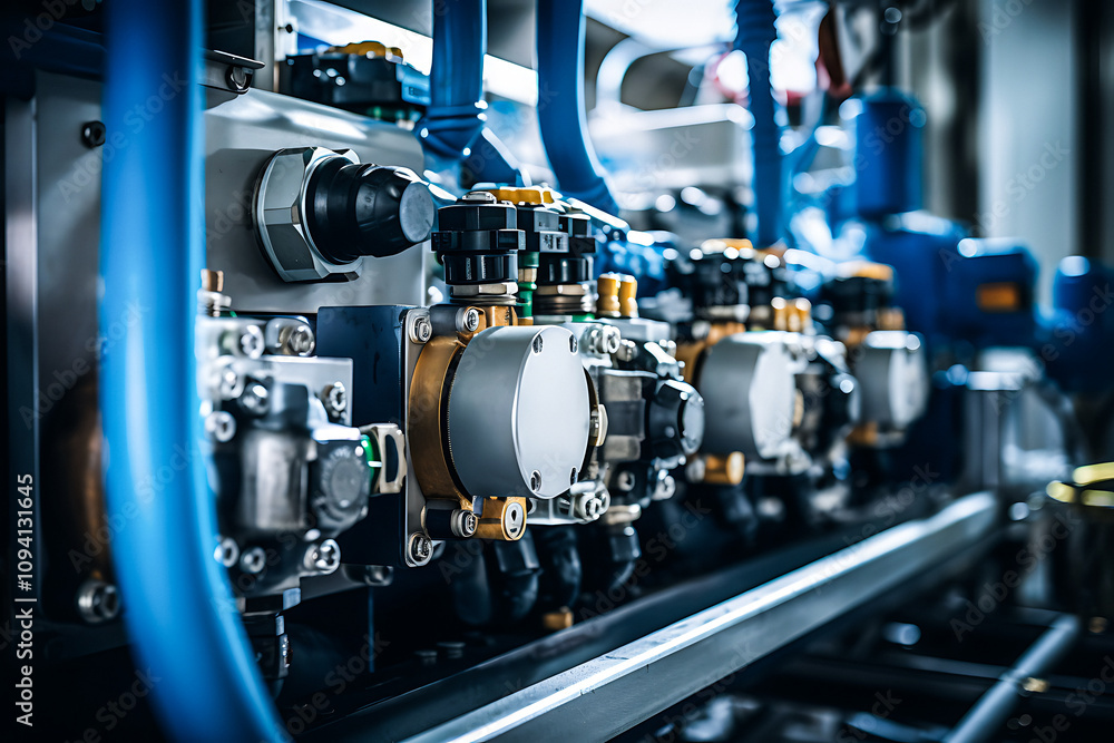 Close-Up of Pneumatic Tools and Compressed Air System in Industrial Setting, Highlighting Precision and Modern Manufacturing Technology Close-Up of Pneumatic Tools and Compressed Air System in Industrial Setting, Highlighting Precision and Modern Manufacturing Technology