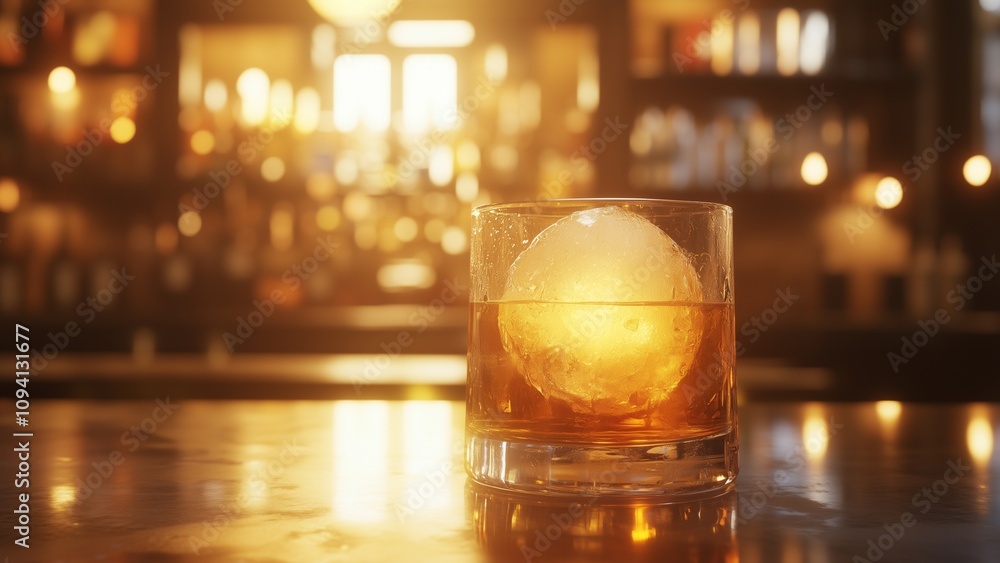 Close-up of a whiskey glass filled with large spheres of ice,background the night bar Close-up of a whiskey glass filled with large spheres of ice,background the night bar