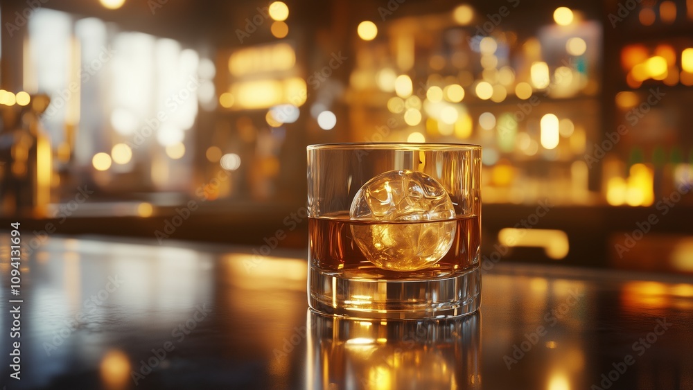 Close-up of a whiskey glass filled with large spheres of ice,background the night bar