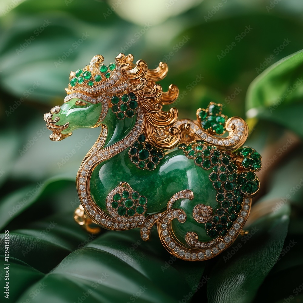 Obraz premium Exquisite Kylin Brooch with Emerald and Jade Accents