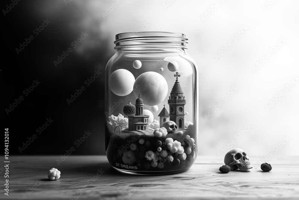 Jar of Dreams A black and white jar filled with a surreal dreaml Jar of Dreams A black and white jar filled with a surreal dreaml