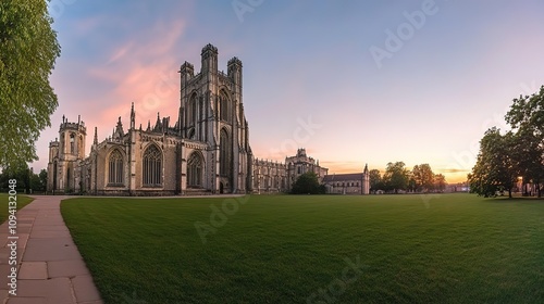 Majestic cathedral at sunset, expansive lawn, paved path.