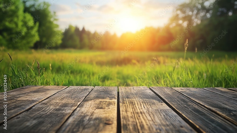 A serene sunset over a grassy field viewed from a wooden platform. A serene sunset over a grassy field viewed from a wooden platform.