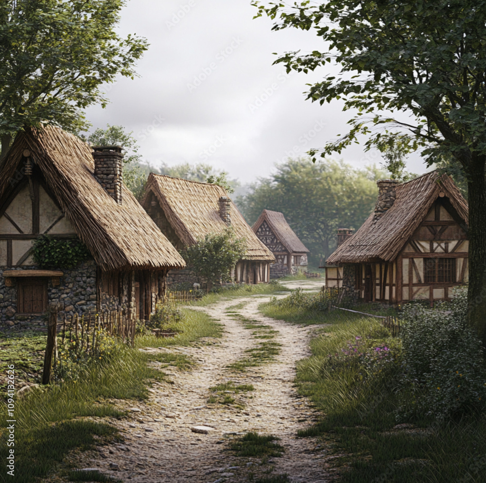 Small Medieval village with thatched roofs small Small Medieval village with thatched roofs small