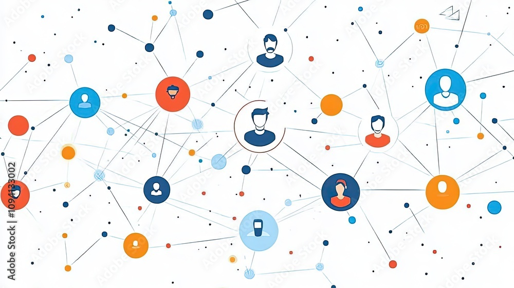 Network connection visualization; people icons interconnected.
