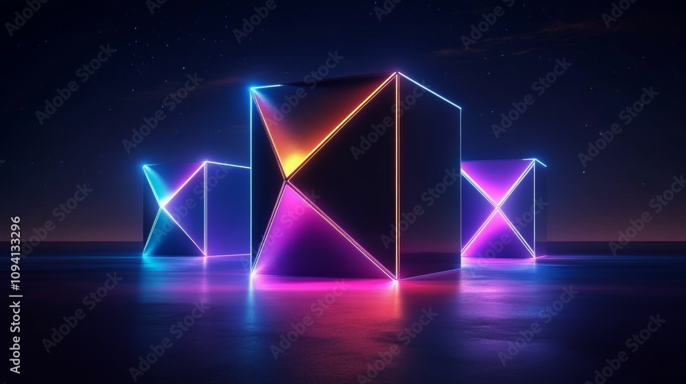 Futuristic Neon Cube Abstract Background with Glowing Lines in Dark Room for Virtual Reality and Minimalist Wallpaper Futuristic Neon Cube Abstract Background with Glowing Lines in Dark Room for Virtual Reality and Minimalist Wallpaper