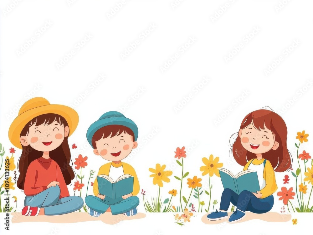 spring time inspired story cute cartoon illustration. Children acting out scenes from a spring story, playful setting, flat design illustration spring time inspired story cute cartoon illustration. Children acting out scenes from a spring story, playful setting, flat design illustration
