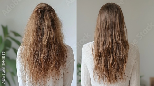 A dual-view image showing a hair transformation with a before and after comparison. The left side displays frizzy,  unstyled hair,  while the right side shows smooth photo