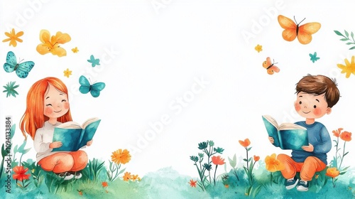 spring time inspired story cute cartoon illustration. Kids reading a spring tale about a caterpillar s transformation into a butterfly, flat design illustration