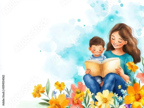 spring time inspired story cute cartoon illustration. Parent reading a spring fable to their child, flowers blooming around them, flat design illustration