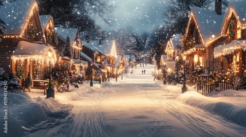 A snowy street lined with vintage houses, each decked out with Christmas lights and wreaths, and a soft layer of snow covering the ground, with a pair of skiers gliding by in the distance