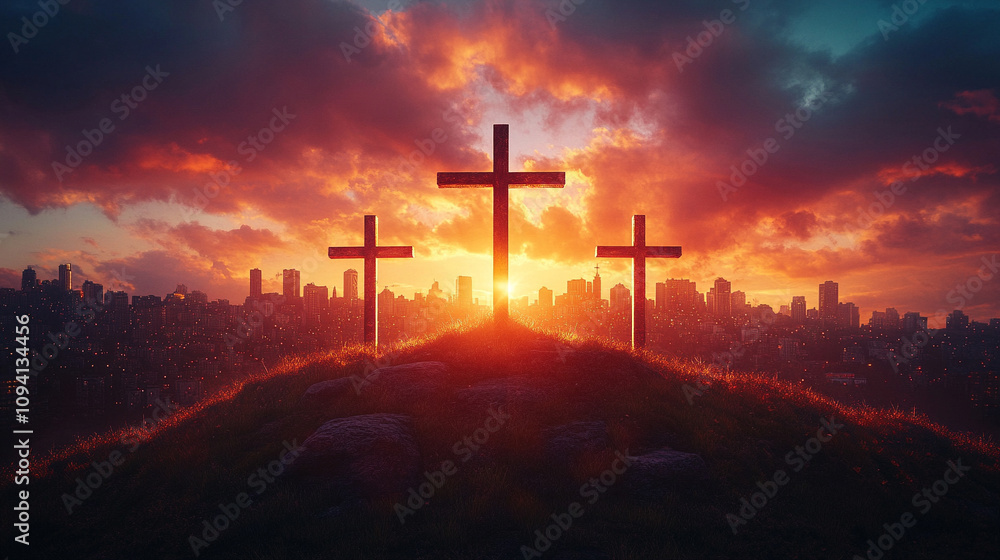 Three wooden crosses stand silhouetted against a stunning sunset, symbolizing the Crucifixion on a hilltop, evoking themes of sacrifice, redemption, and spiritual reflection under a dramatic sky Three wooden crosses stand silhouetted against a stunning sunset, symbolizing the Crucifixion on a hilltop, evoking themes of sacrifice, redemption, and spiritual reflection under a dramatic sky