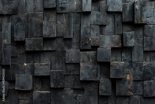 A close-up view of a black wood wall made of various sized blocks, creating a textured surface.