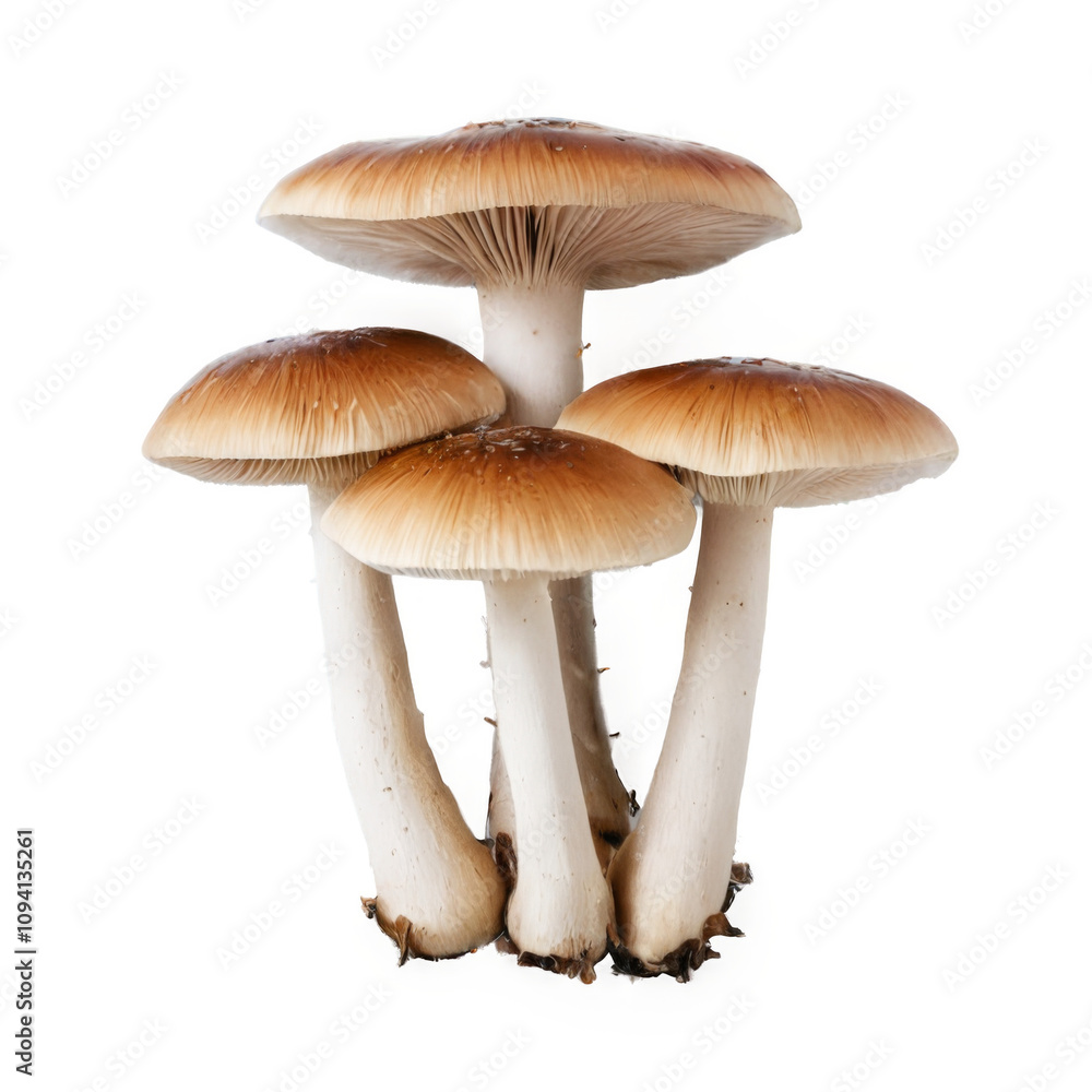 Four mushrooms different sizes shapes are arranged triangular Flying champignon cut Four mushrooms different sizes shapes are arranged triangular Flying champignon cut