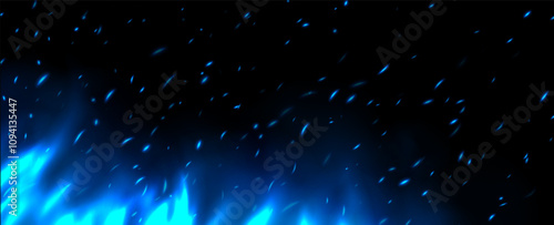 Obraz na płótnie Blue flame with sparks, fire with flying cinder, abstract glowing embers, heat sparkles, bokeh fire texture. Vector illustration. w salonie
