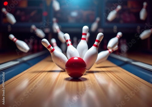 Bowling ball strikes the pins in a bustling bowling alley during the evening hours