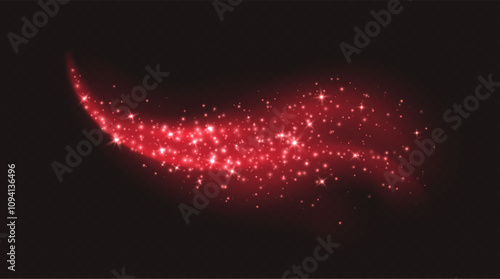 Red magic cloud with sparkles, stardust sparkling decoration. Glowing glitter smoke trail. Christmas vector illustration.