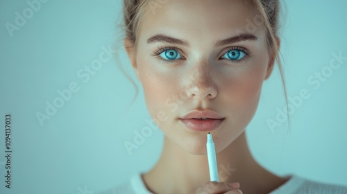 blue-eyed woman with ponytail shyly holding a marker, studio environment photo