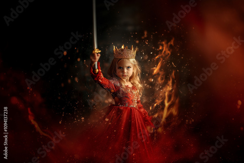 A young little girl a princess with a golden crown with a raised up hand with a burning sword above her head on a fiery background.. photo