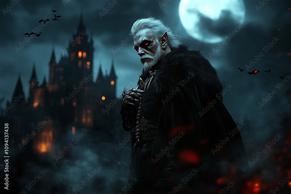 Fototapeta premium An ancient bloody vampire on dark castle at night background...