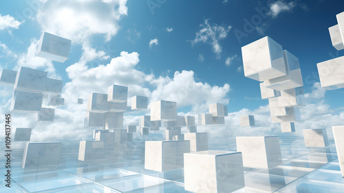 Abstract white cubes floating in a clear blue sky with soft clouds and a reflective glass-like ground surface.