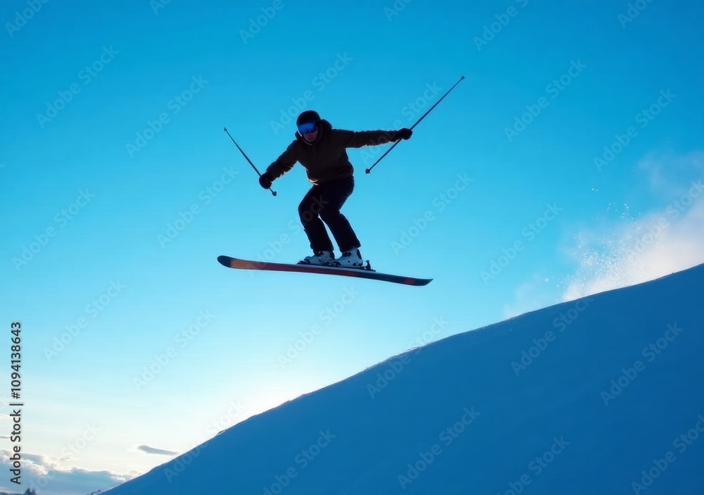 Skier performs a jump against a stunning blue sky during sunset at a snowy mountain resort Skier performs a jump against a stunning blue sky during sunset at a snowy mountain resort