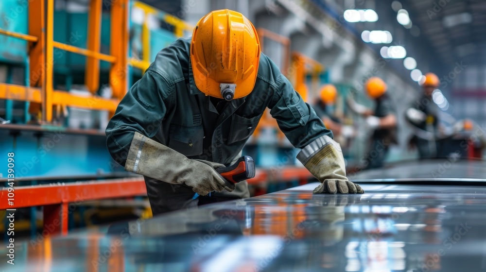 Hard hats and safety gear on workers use power tools to secure prefabricated floors in a speedy and efficient assembly process. Hard hats and safety gear on workers use power tools to secure prefabricated floors in a speedy and efficient assembly process.